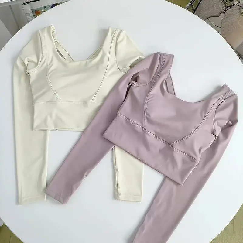 Women's Long Sleeve Yoga Outfit with Crossed Straps Beautiful Back Design And Fixed Chest Pads for Fitness Pilates Exercise