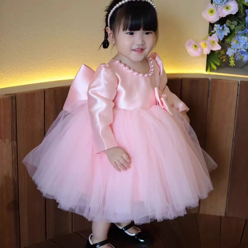 Baby Girl Pink Dress Flower Girl Baby Full-Year Princess Dress High-End Gauze Dress Children's Pettiskirt Dress