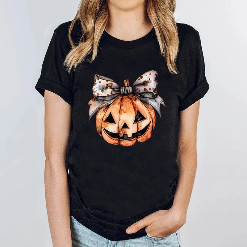 

Funny Halloween Pumpkin Bow Print T-shrits For Women Summer Short Sleeve Round Neck Loose T-shirts Creative Halloween Tee Shirts