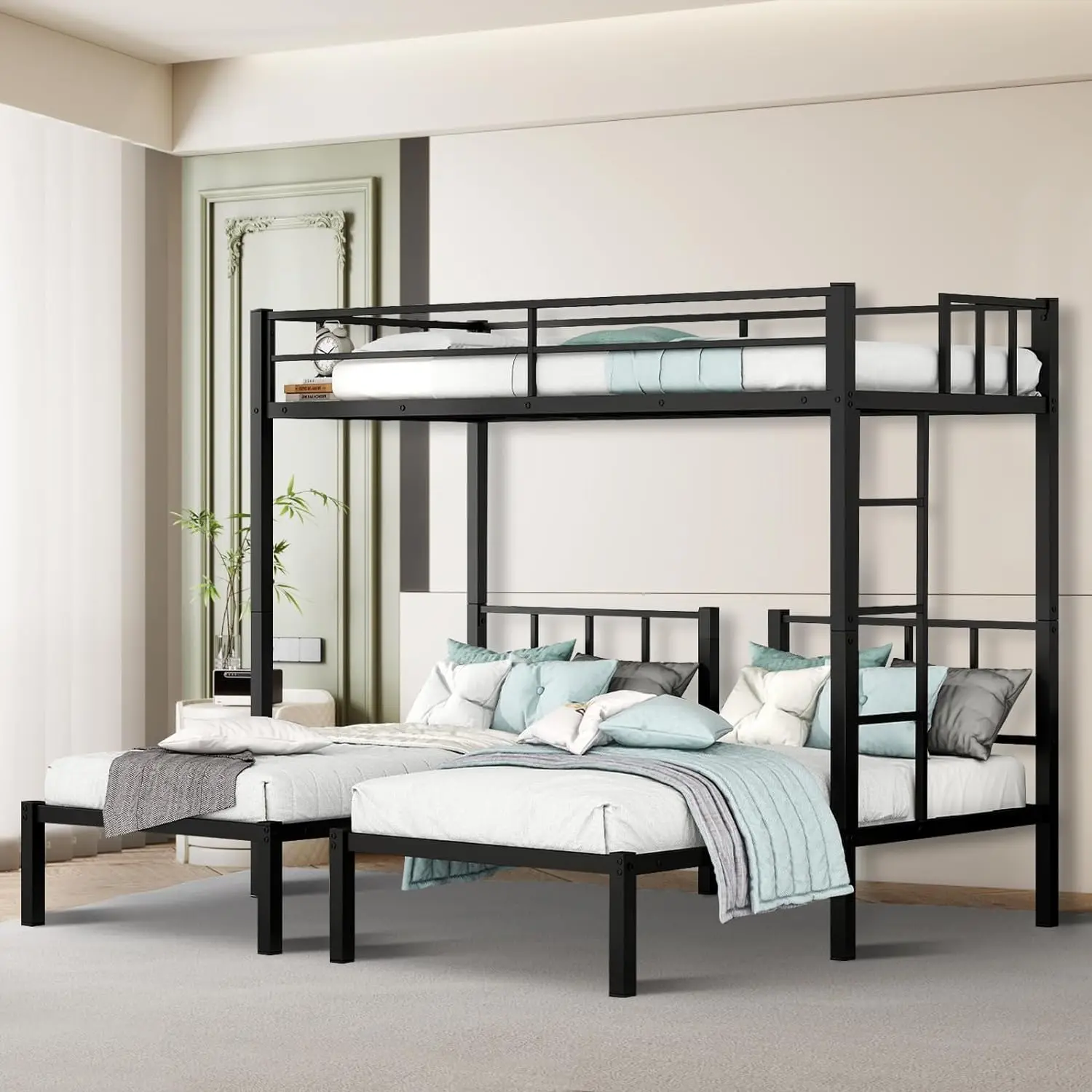 

Twin Over Over Twin Triple Bunk Bed for Kids,Metal Triple Bunk Beds with Built-in Desk,Convertible Into 3 Twin Beds