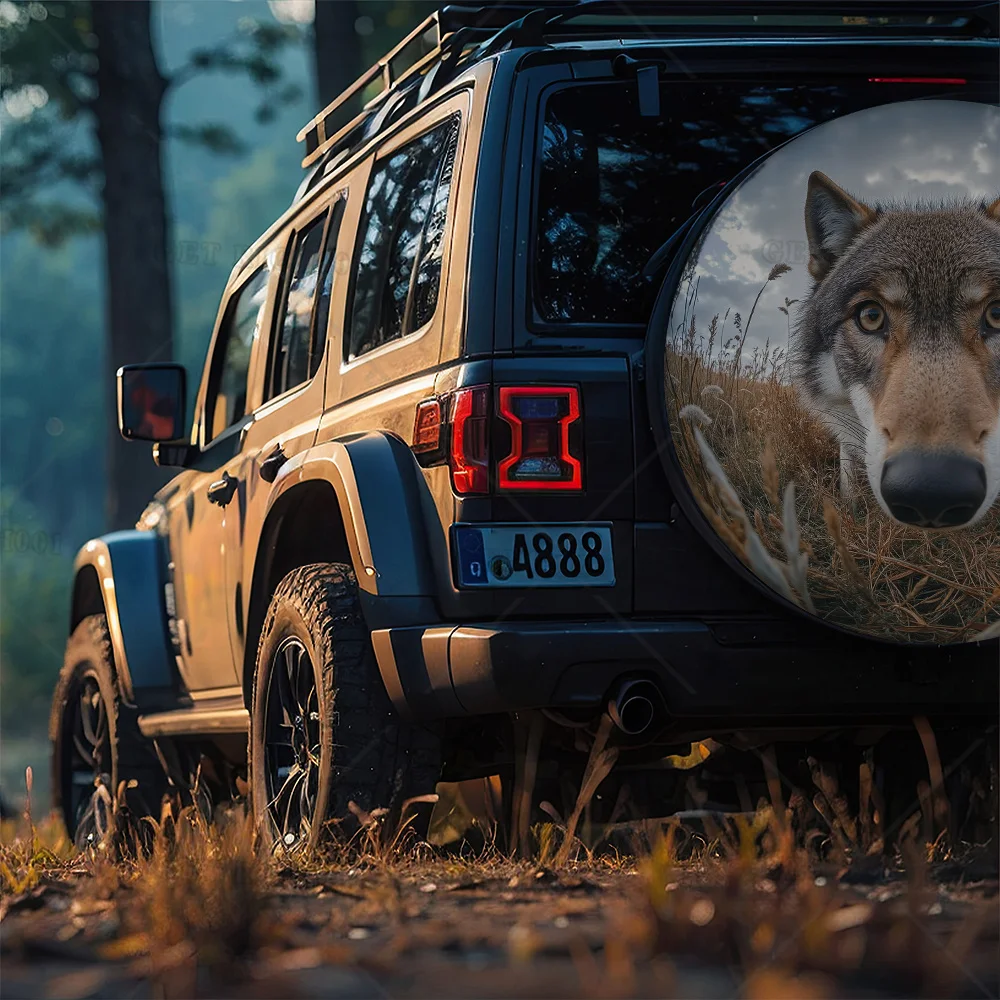 1pc lobo design poliéster capa de pneu sobressalente, protetor de roda de ajuste universal à prova de intempéries para rv, trailer, caminhão suv de reboque de viagem
