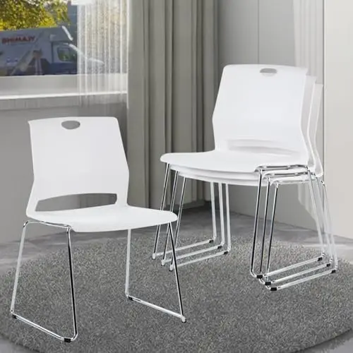 Stackable Plastic Chairs Set Of 4, Reception Chairs With Plastic Shell Seat, White Chairs For Conference Room, Dining Room,