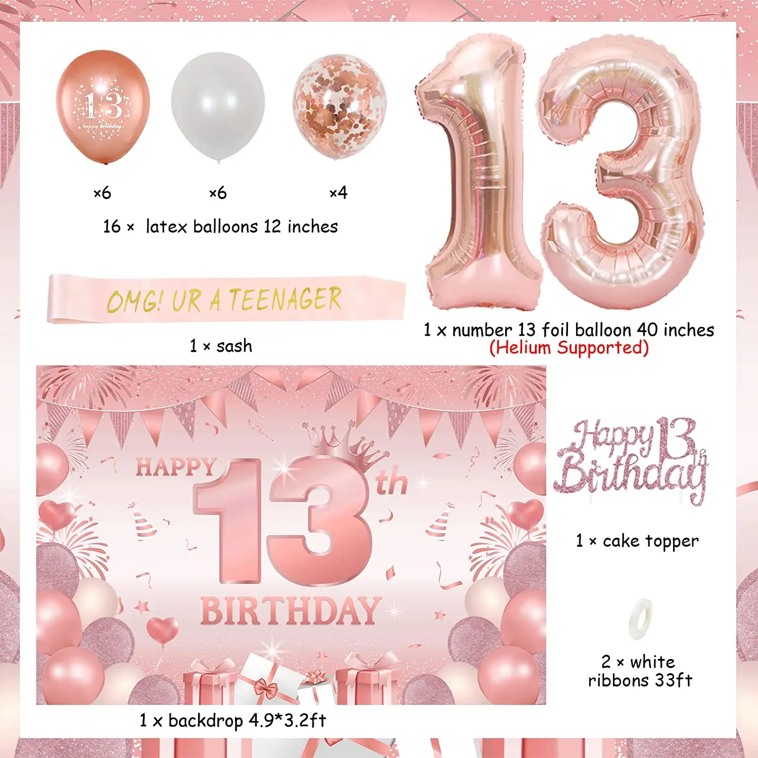 Happy 13th Birthday Decorations Girls Rose Gold OMG UR A TEENAGER Sash Backdrop Balloons for Teenager Birthday Party Supplies