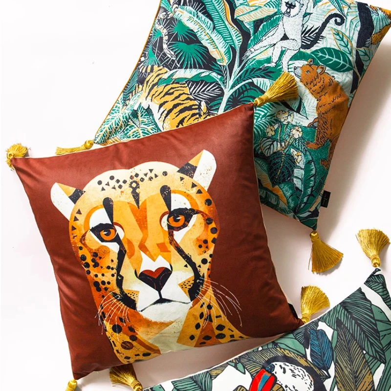 

18x18 Patio Pillow Cover Jungle Monkey Leopard Tassel Home Cojines Luxury Art House Cozy American Style Sofa Chair Coussin