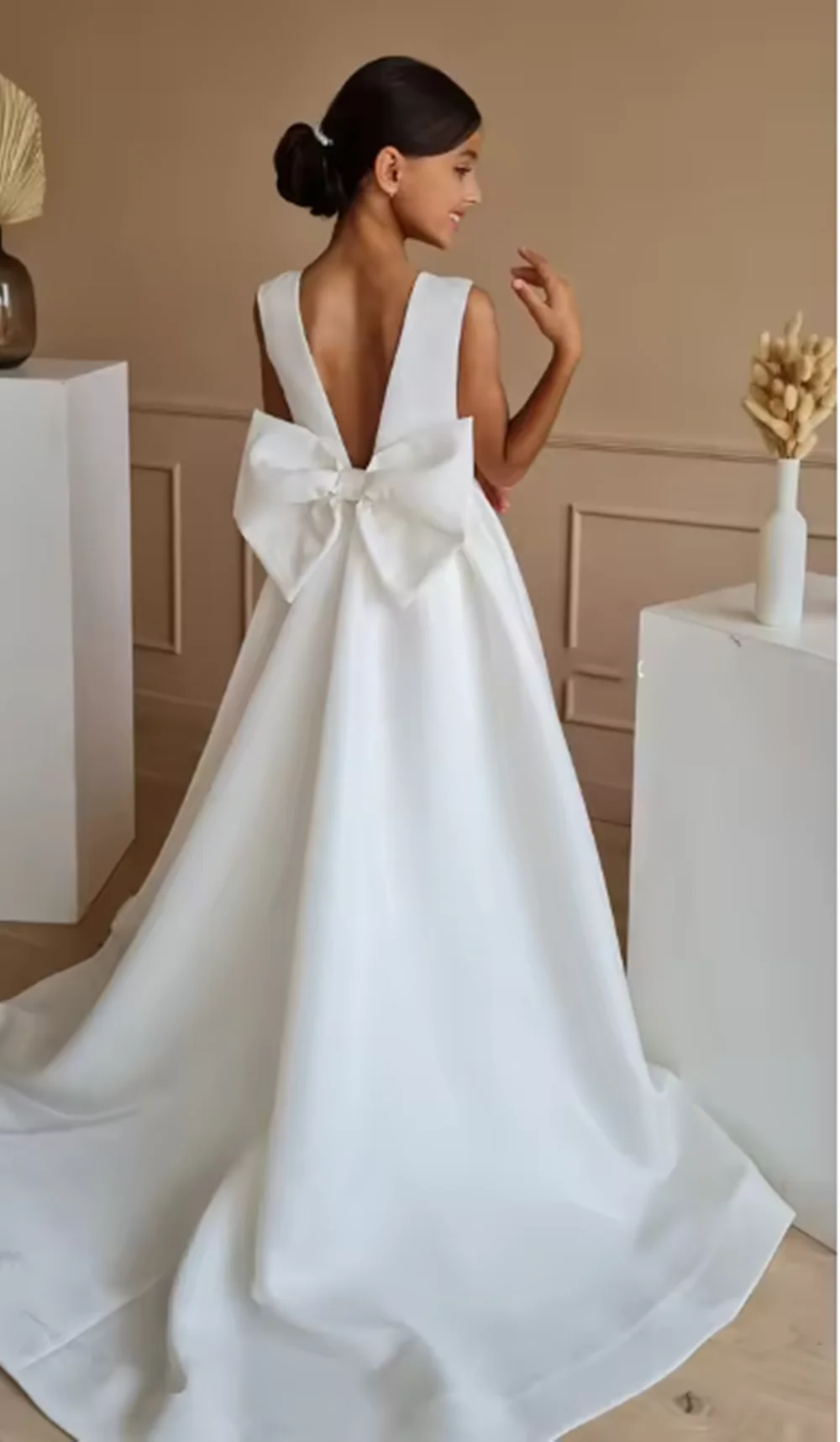 Sukienki dla dziewczynek sypiących kwiatki na wesele, szyte na miarę, w kolorze kości słoniowej, satynowe, do ziemi, z kokardą, na formalne okazje, Pierwsza Komunia, sukienka dla druhny.