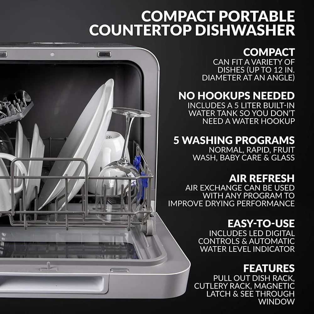 Portable Countertop Dishwasher with 5-Liter Built-in Water Tank - 5-Program System for Home, RV, and Apartment