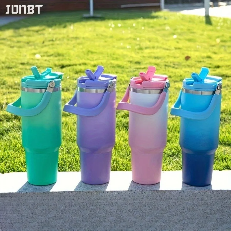 

900ML Gradient Straw Thermos Bottle Portable Car Coffee Mug Cup Cold and Hot Stainless Steel Thermal Water Bottle with Handle