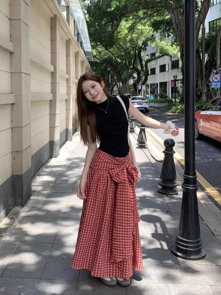 

Vintage Red Plaid Long Skirts Women Bow Lace Up High Waisted A-line Large Swing Skirt Summer Casual Versatile Faldas