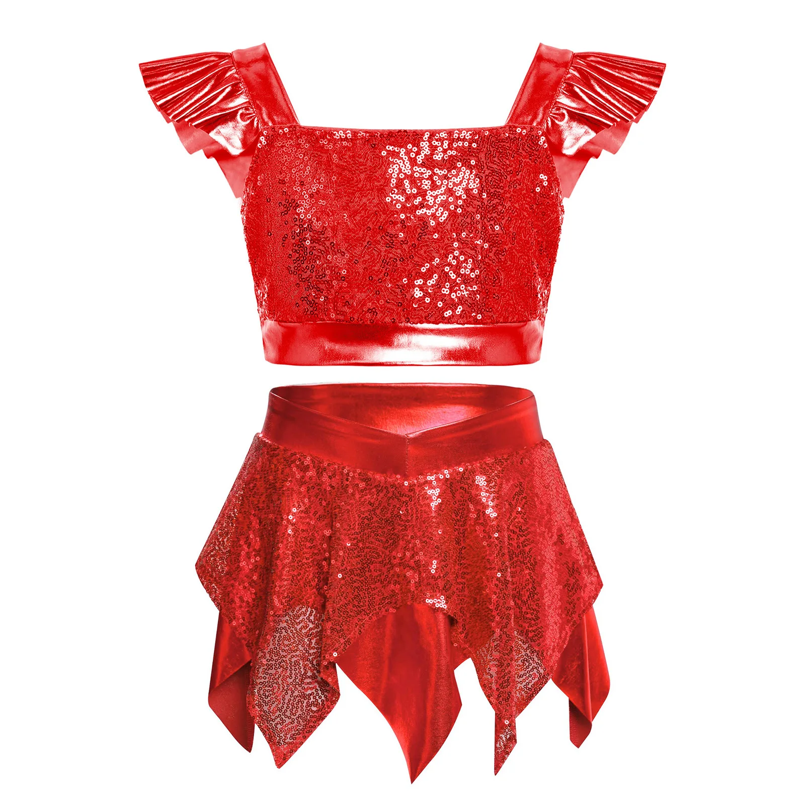 Children Sequins Party Clothes Sets Kids Girls Latin Jazz Dance Performance Outfit Sparkling Sequin Metallic Dancewear Sets
