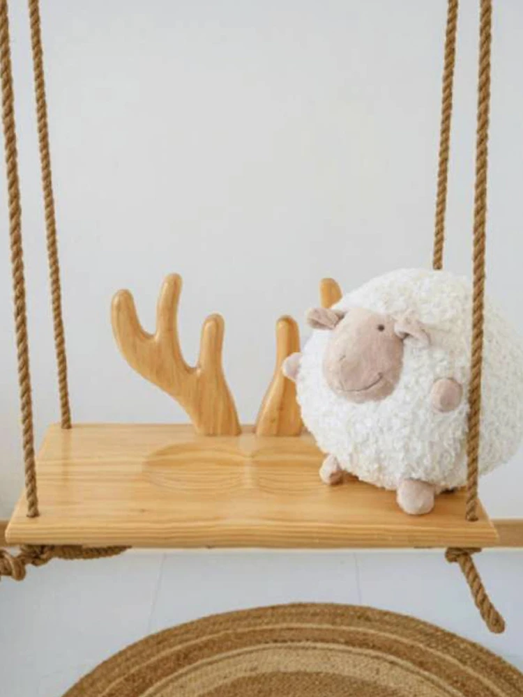 Hanging Stylish Indoor Solid Wood Swing Chair Pine Cradle Chair Children Swing Deer Kids Room Decoration