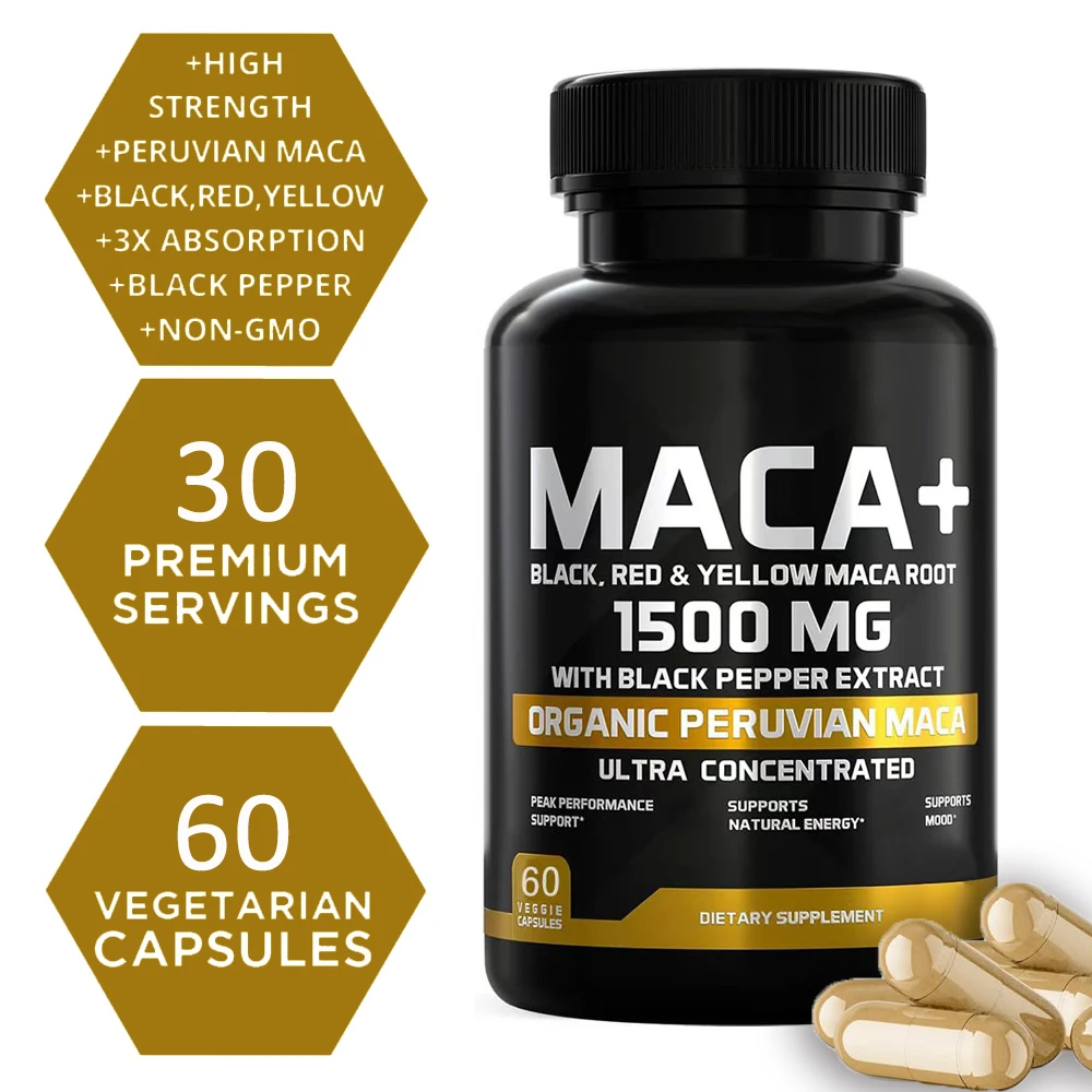 

Organic Maca Root Powder Capsules 1500 mg with Black + Red + Yellow Peruvian Maca Root Extract Supplement for Men and Women
