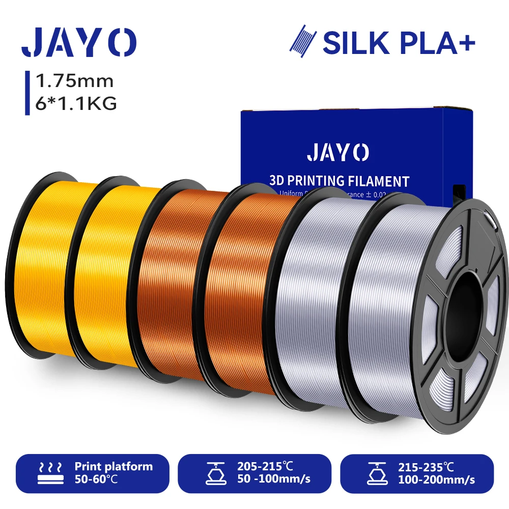 JAYO 6 Rollen SILK PLA + Filament 1,75 mm SILK PLA Plus Filament, glatte, seidige, glänzende Oberfläche, 3D-Filament, geeignet für FDM-Drucker
