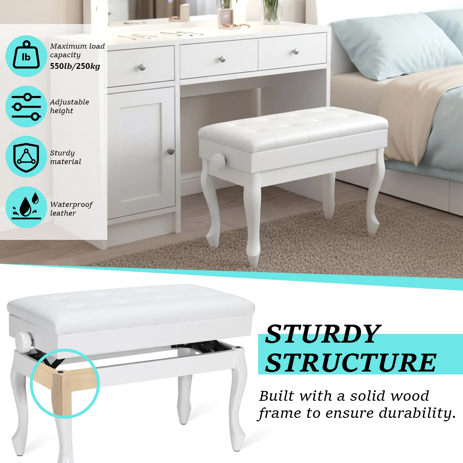 

Thickened Piano Chair with Bookcase Widened Keyboard Piano Seat Multi-Purpose Lifting Piano Bench for Home/Music Room/Classroom