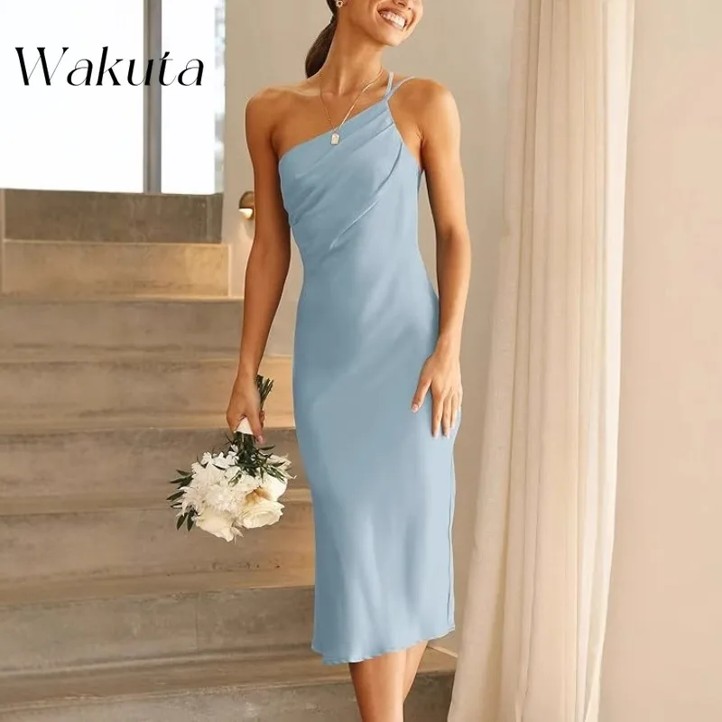 Wakuta American Vintage One Shoulder Bandage Solid Bridesmaid Dresses Sexy Tight Simulation Silk Cocktail Banquet Evening Gowns