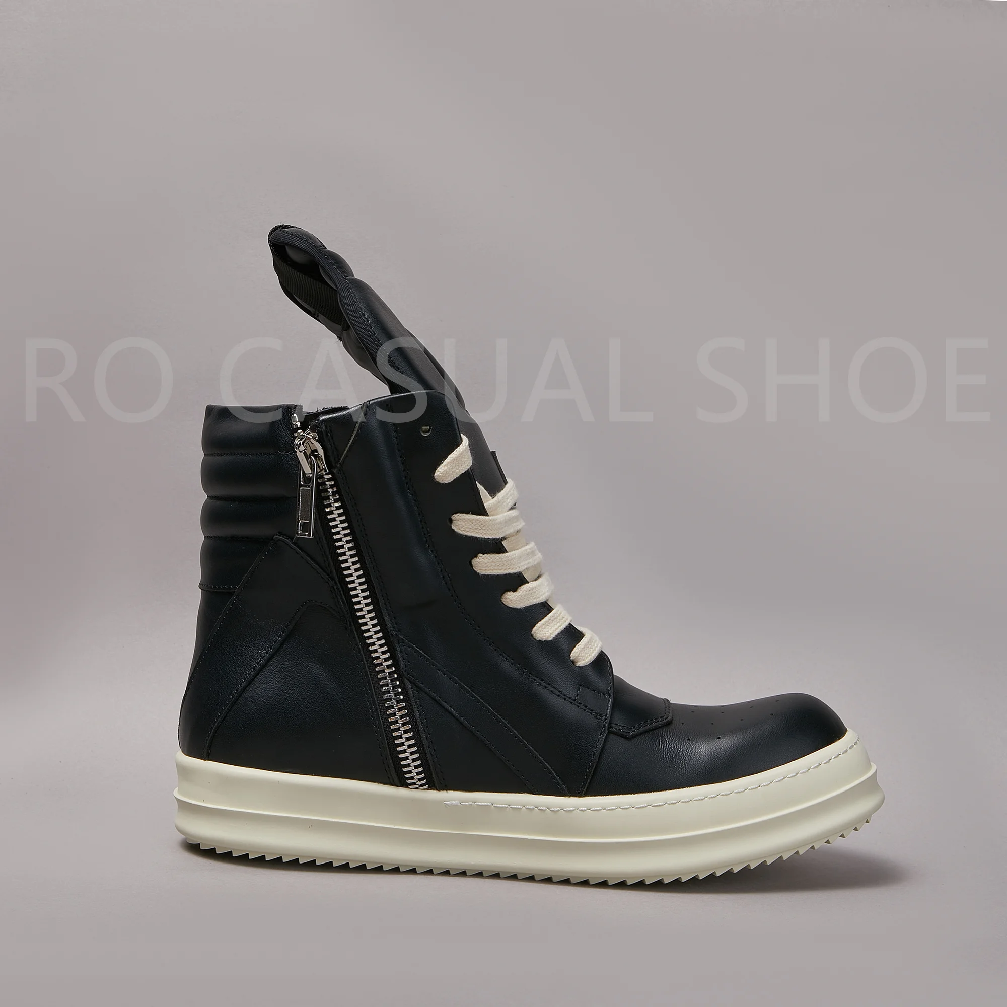 Ricks Genious Black Leather High Top Geobasket Owens Quality Men Shoe Zipper Women Sneaker Casual Owens Design boots & Shoes