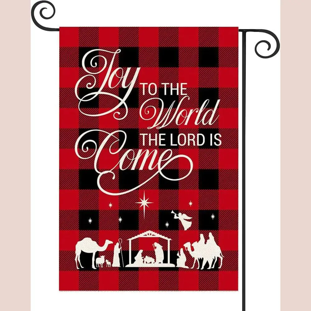 Nativity Christ Christmas Double Sided Vertical Burlap Garden Flag, Jesus Joy To The World The Lord is Come Christian Flag Winte