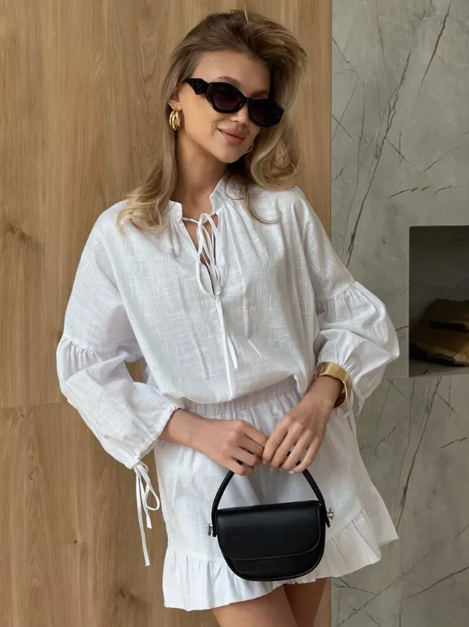 

White Ruffle Drawstring Two-piece Set Women Long Sleeve Pullover Blouse+Shorts Sets Summer Holiday Casual Simple Loose Suits New