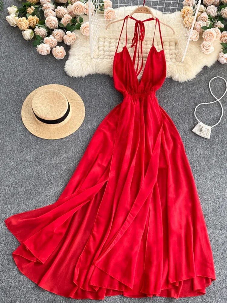 Summer Women's Party Dress Seaside Holiday Pure Color Halter Neck Strap Halter Strap Dress New Beach Female Dresses FC090