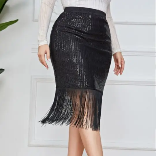 Plus Size Skirts 2023 New Retro Temperament Commute Elegant Skirt Large Size Women Sequins High Waist Tassel Half-body Skirt