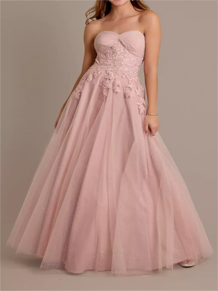 

Hot Selling Romantic Sweetheart Cocktail Dress Lace Appliqué Evening Gown Sparkling Pink A-Length Prom Gown Robe De Mariée