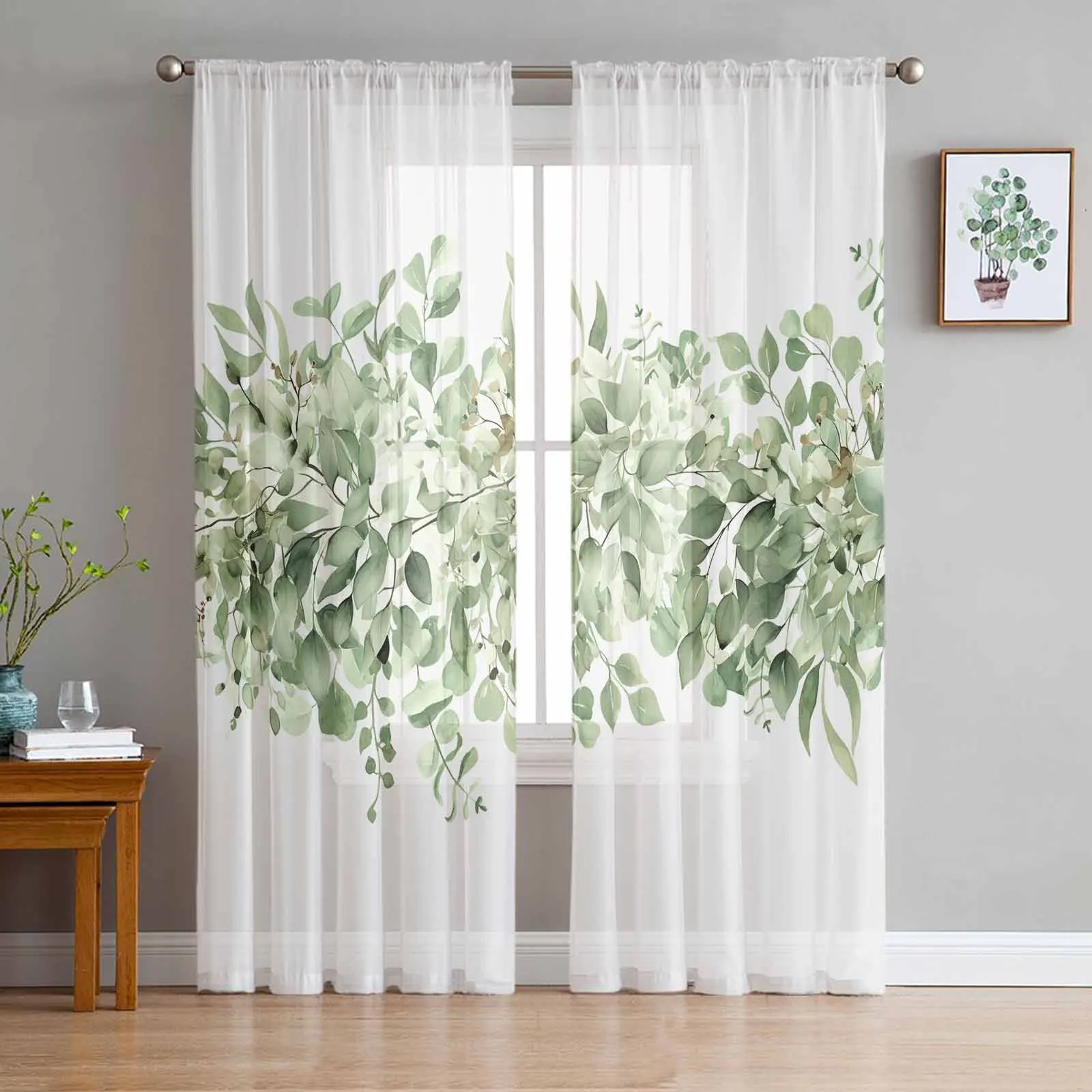 Spring Watercolor Eucalyptus Leaves Sheer Tulle Curtains for Living Room Valance Curtains Kitchen Bedroom Window Voile Drapery