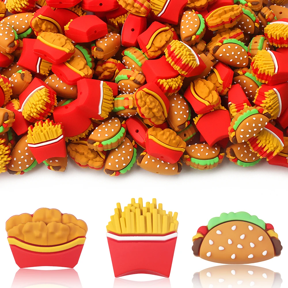 5/10/20/50pcs 3D Silicone Beads- Burger, French Fries Shaped Focus Beads for Jewelry Making, Keychains, Party Decorations