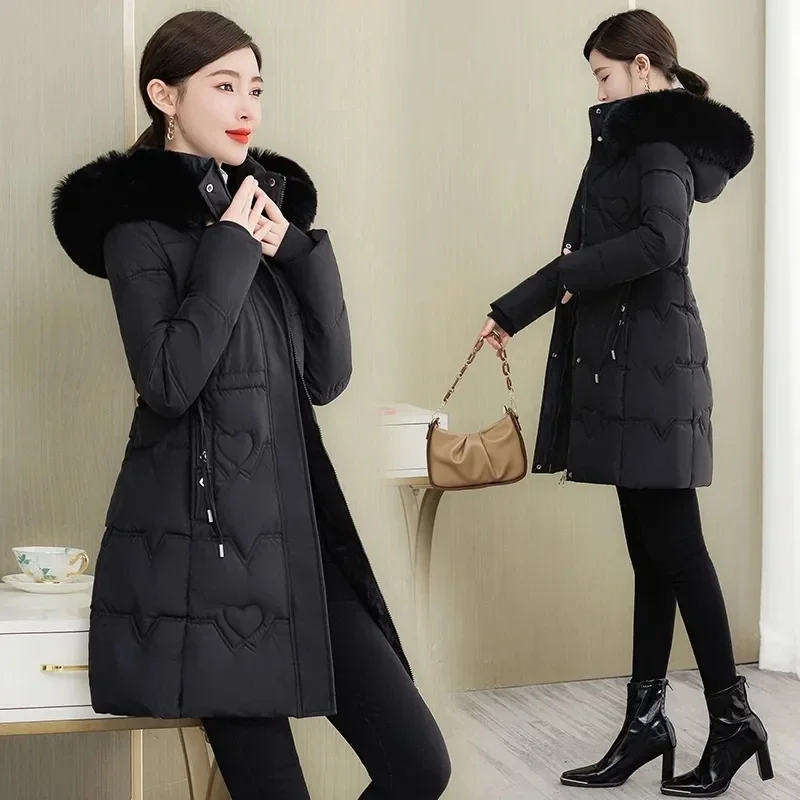 2024 New Winter Jacket Women Parka Fur Collar Hooded Thick Warm Long Female Coat Casual Outwear Down Cotton Jacket Parkas