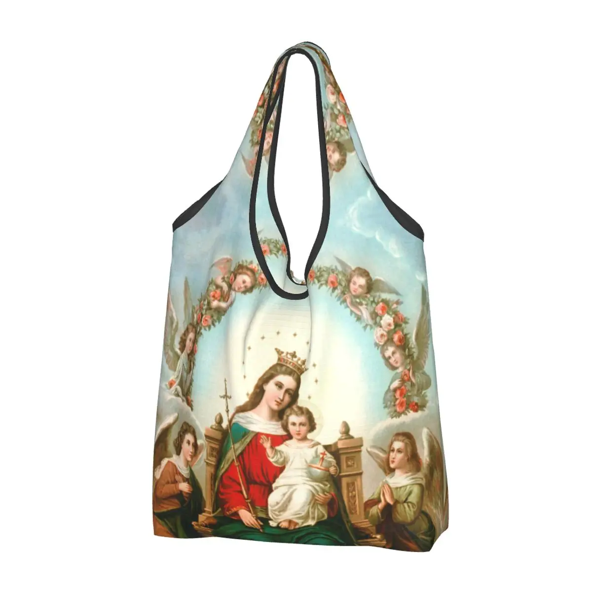 Custom Virgin Mary Shopping Bags Women Portable Big Capacity Groceries Catholic Christian Shopper Tote Bags