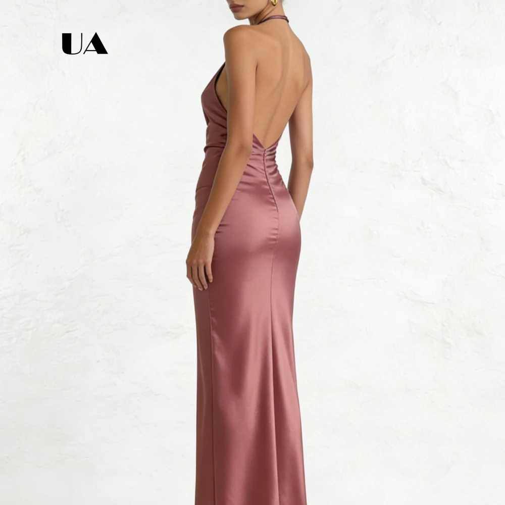 ULBYANRY Satin Halterneck Prom Dress, Solid Shirring Sleeveless Evening Dress for Woman, Cutout Backless Customized Party Gown
