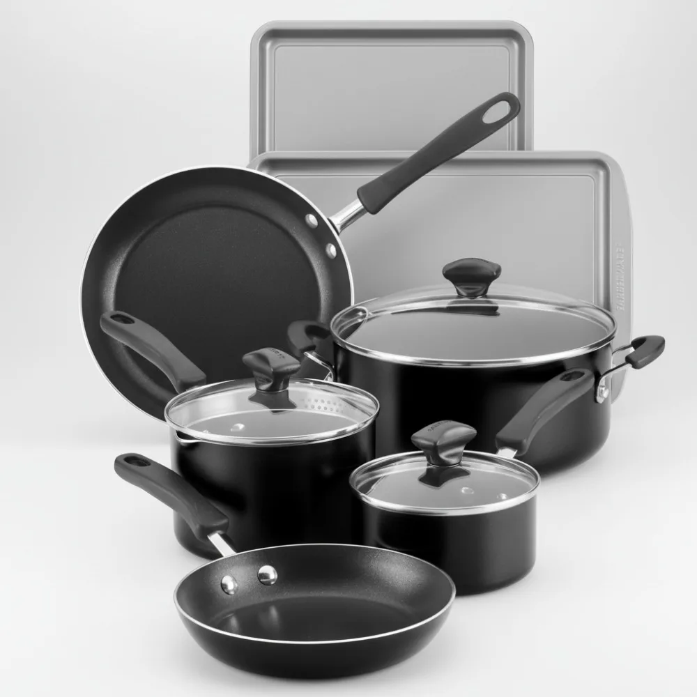 

Premium 15-Piece Nonstick Cookware Set with Glass Lids & Kitchen Tools - Dishwasher Safe Black