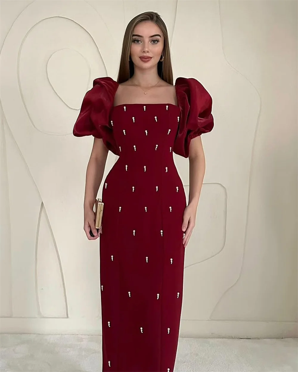 Mila-vestido de fiesta con cuello cuadrado rojo y flores, vestidos de noche lujosos personalizados de manga corta hasta el tobillo, vestidos de fiesta