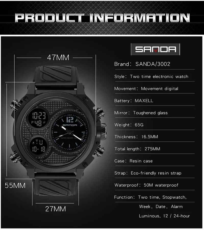 SANDA 3002  New Sports Watch for Male Students with Nightlight Waterproof  Tactics and Youth Dual Display Electronic Watch