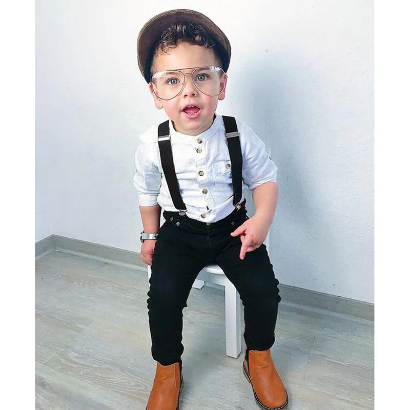 Lente Jongens Boetiek Kleding Set Mode Gentleman Witte Lange Mouw Katoenen Baby Tops + Broek + Bandjes Koreaanse Kinderkleding BC1057-1