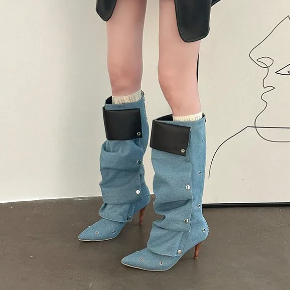 

2026 Women's Shoes Punk Style Stack Knee High Boots for Woman Exquisite Pointed Tip High Heeled Boots Designer Shoes Botas Mujer