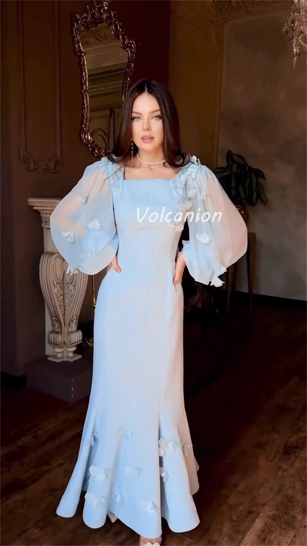 カスタマイズされたモダンなスタイルフォーマルシャルムーズフラワー十字サッシュプリーツマーメイドスクエアネックロングドレスオーダーメイドオケージョンドレス