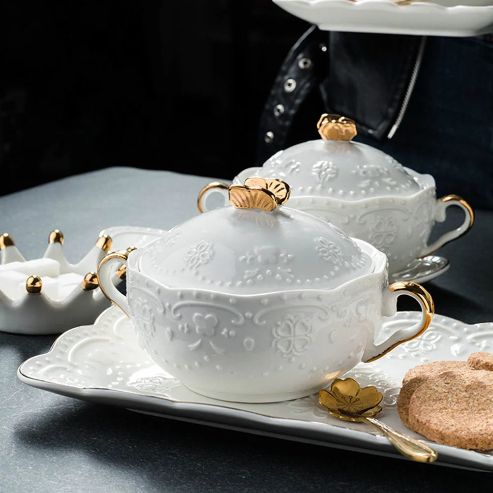 

1Set Ceramic Soup Bowl Double Ear Stewing Pot with Lid Spoon Practical Kitchen Supply Home Party Ceramic Stew Cup