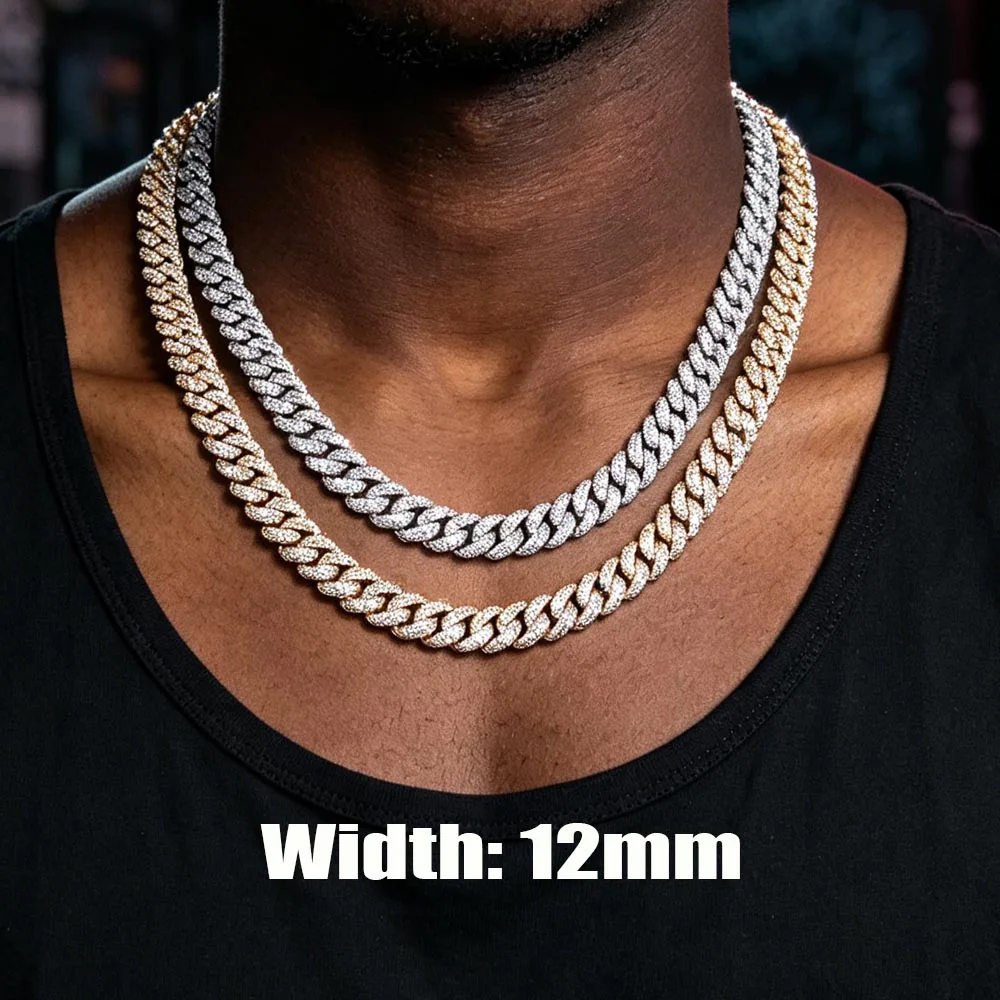 12mm Hip Hop Jewelry Diamond CZ Necklace Cuban Link Chain for Men Boy Friends Women DJ Rapper Link Gift 18K Gold Plated