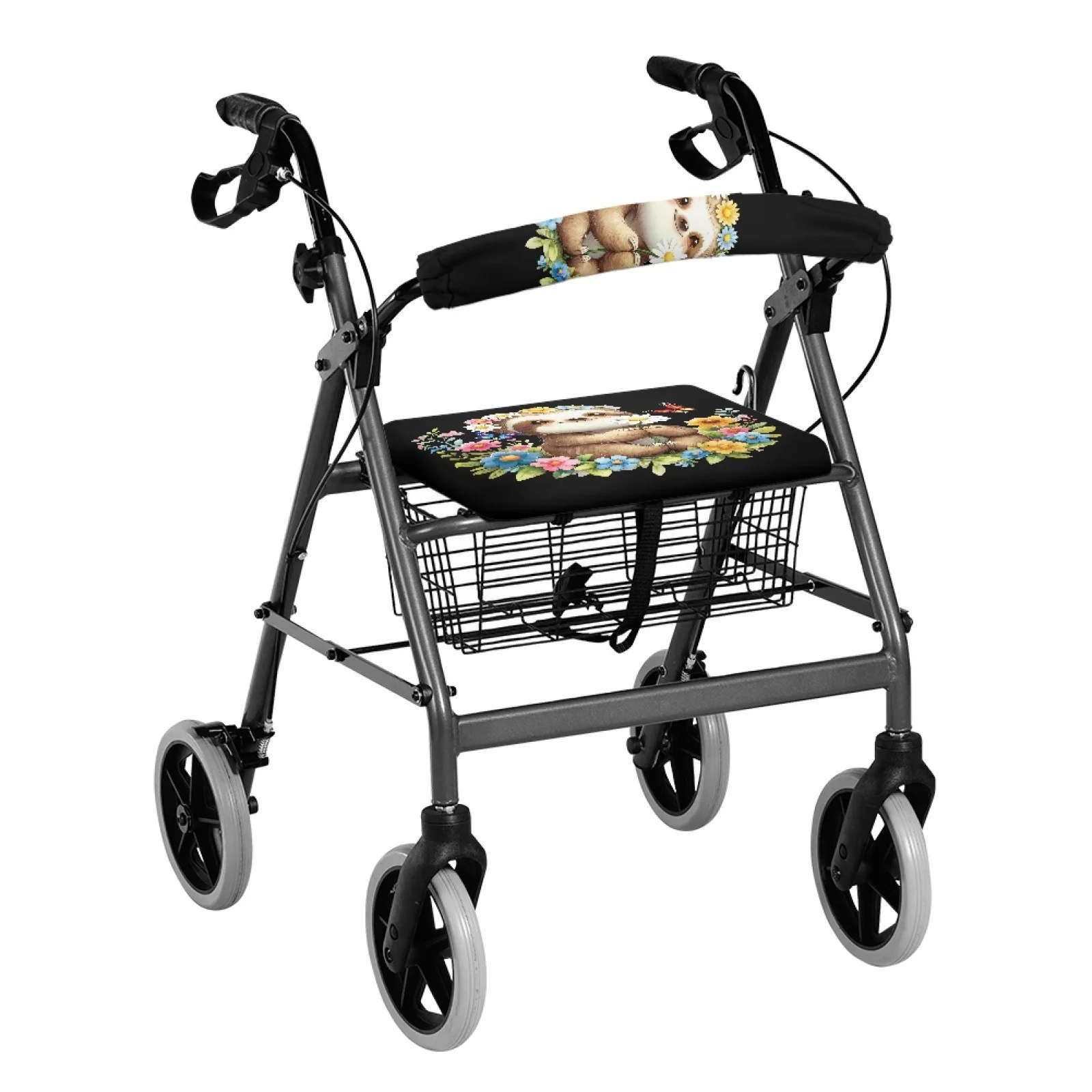 Coloranimal Cute Sloth Floral Print 2 Pieces Set Rollator Walker Seat Cover for Senior Ladies Walker Seat Cushion New Trend