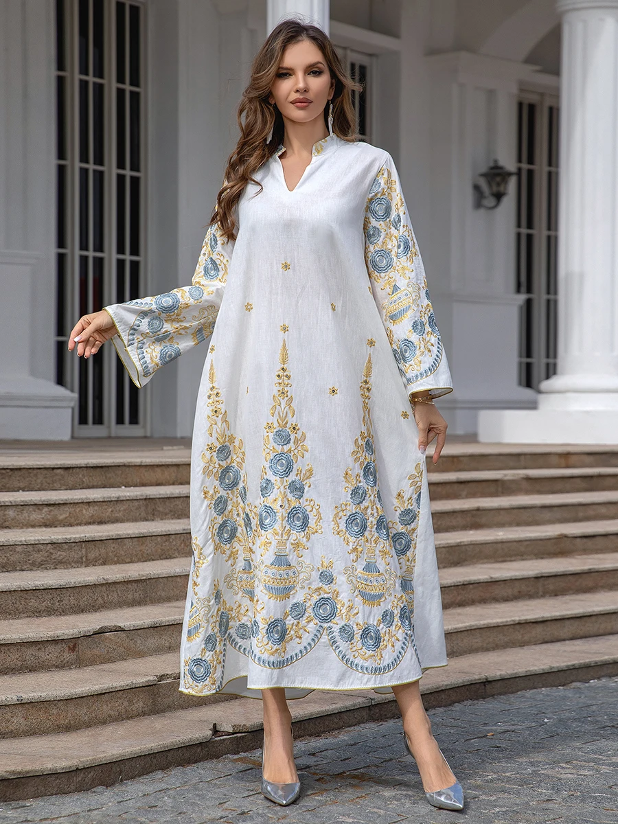 Siskakia White Floral Embroidery Evening Party Long Dresses Jalabiyat Turkish Moroccan Kaftan Saudi Traditional Kurdish Women Cl