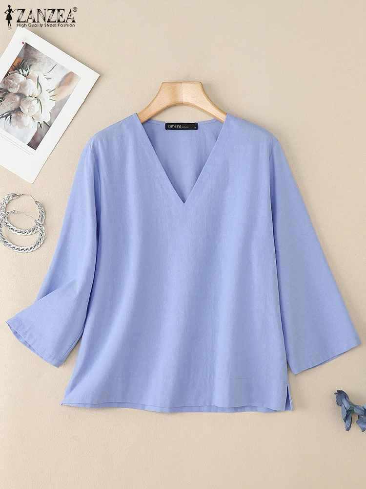 ZANZEA 2025 가을 블라우스 여성 코튼 탑 튜닉 우아한 솔리드 워크 셔츠 캐주얼 V넥 3/4 소매 블루사 여성 루즈 셔미즈