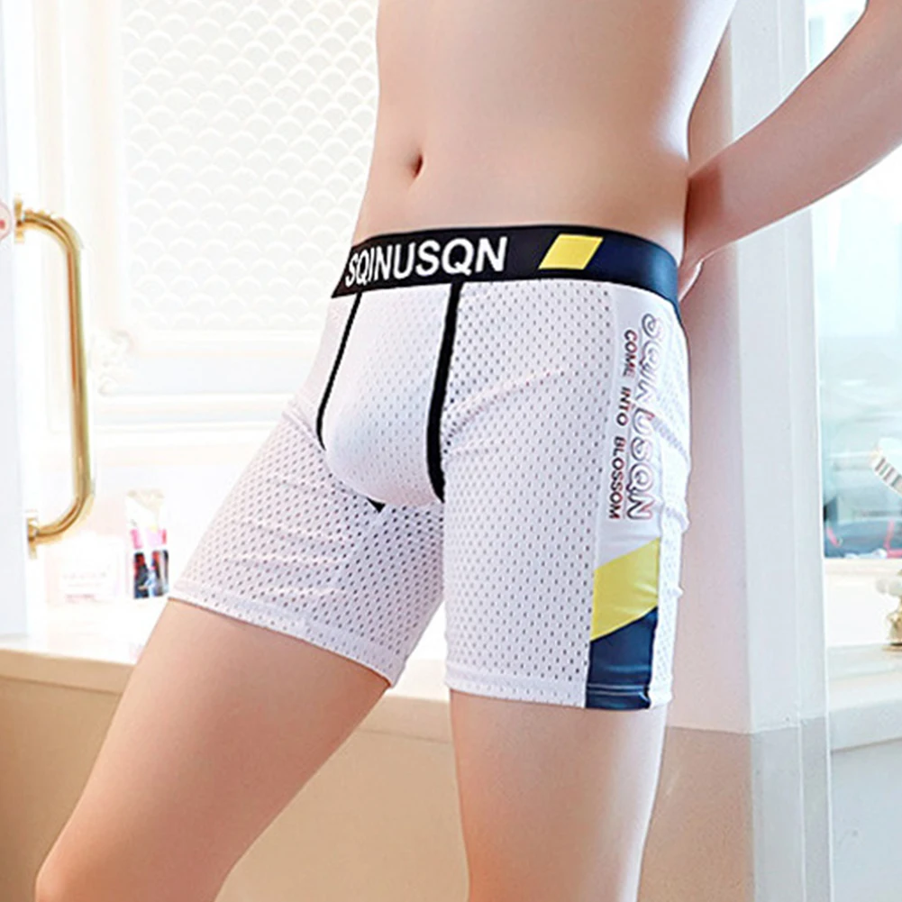 

Mens Sexy Long Leg Briefs U Bulge Pouch Panties Fine Mesh Breathable Underpants Letter Printed Underwear Fitness Shorts