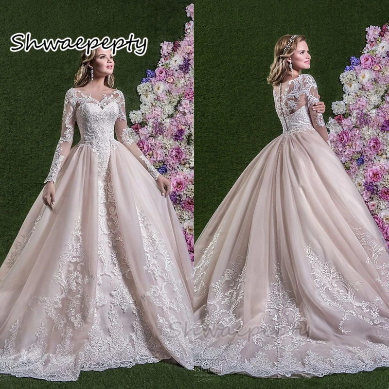 Designer Wedding Dress With Detachable Skirt Long Sleeves Lace Appliques Gorgeous Champagne Tulle Bridal Gowns