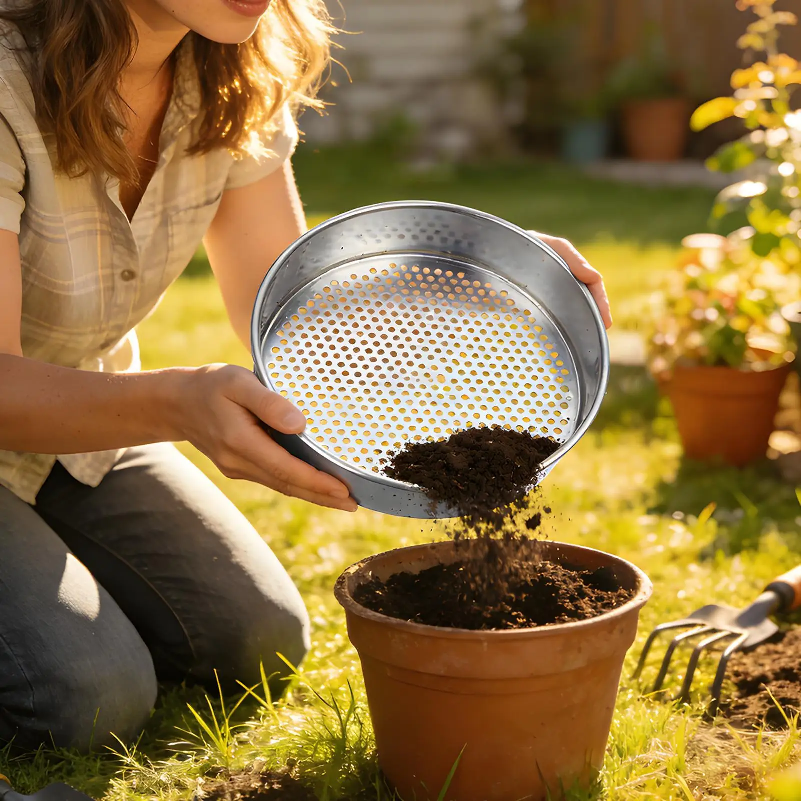Stainless Steel Soil Sieve 20cm Garden Sifting Pan Fine Mesh Strainer For Compost Baking Flour Food Grade Home Gardening Tool