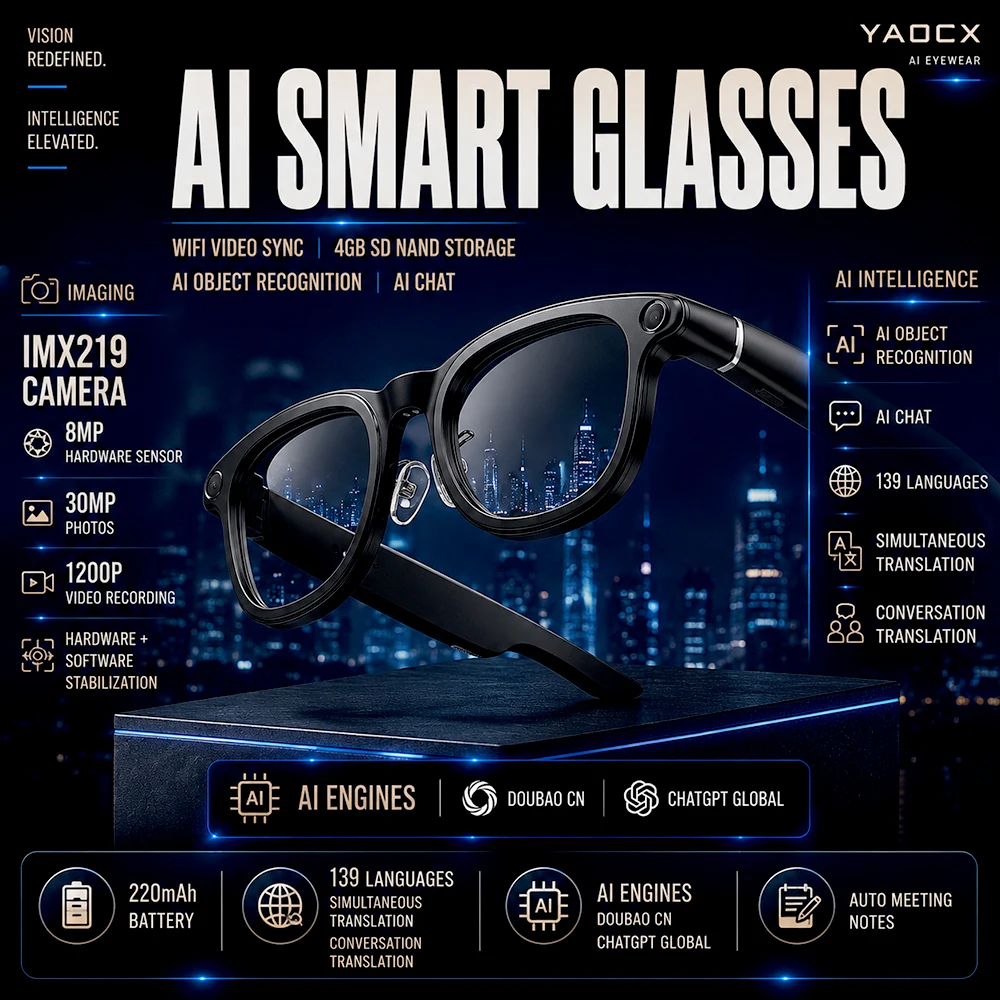 2026 Smart Glasses with AI 8MP Camera 30MP Photo 1200P Video WiFi Sync 4GB Storage AI Recognition Translation Auto Meeting Notes