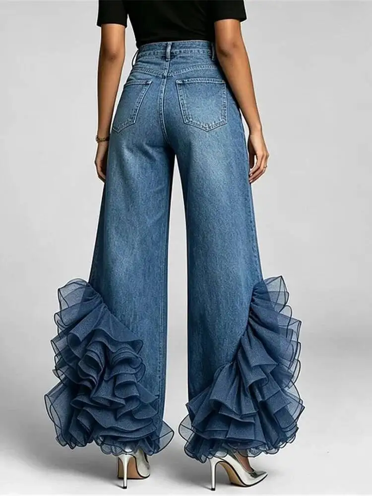 DEAT Fashion High Waisted Ruffle Hem Wide Leg Denim Pants Women's High Waist Blue Jeans Summer New 7A4776