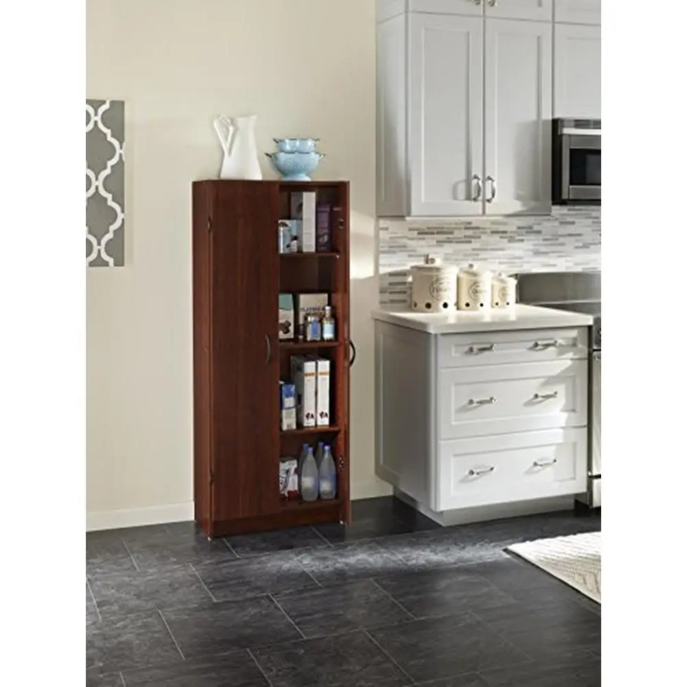 Adjustable Standing Pantry Cabinet Cupboard with 2 Doors and Shelves Kitchen Laundry Utility Room Storage Dark Cherry Wood Easy