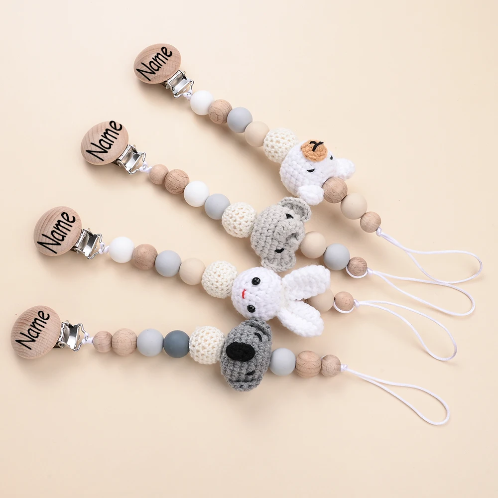 Customized Name Wooden Pacifier Chain Silicone Bead Woolen beads Nipple Holder Guard For Teether Toy Baby Gift Stuff ﻿