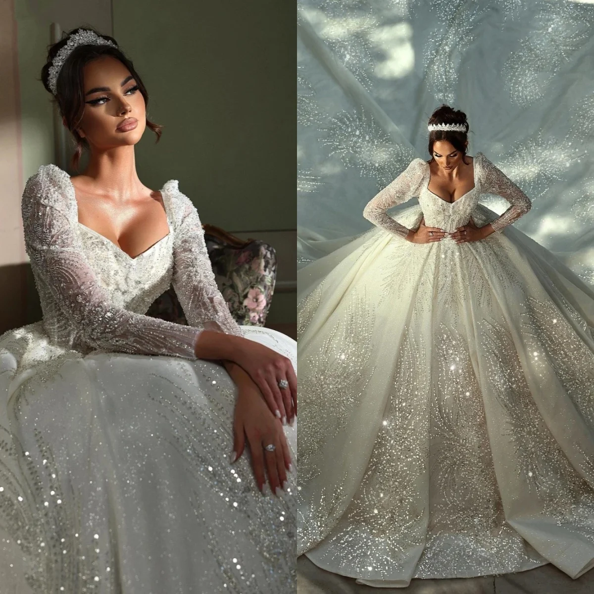 

Luxury Sequins Beading Wedding Dresses Pearls Bridal Ball Gowns Long Sleeves Backless Customized Bride Dress Vestido de novia