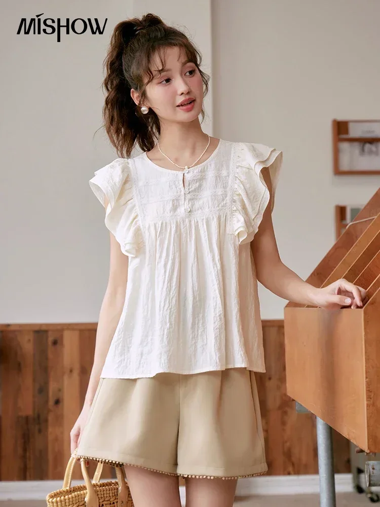 

MISHOW French Flying Sleeve Tops for Women 2023 Summer Solid O-Neck Loose Button Pullover Sweet Casual Female Blouses MXC39X1293