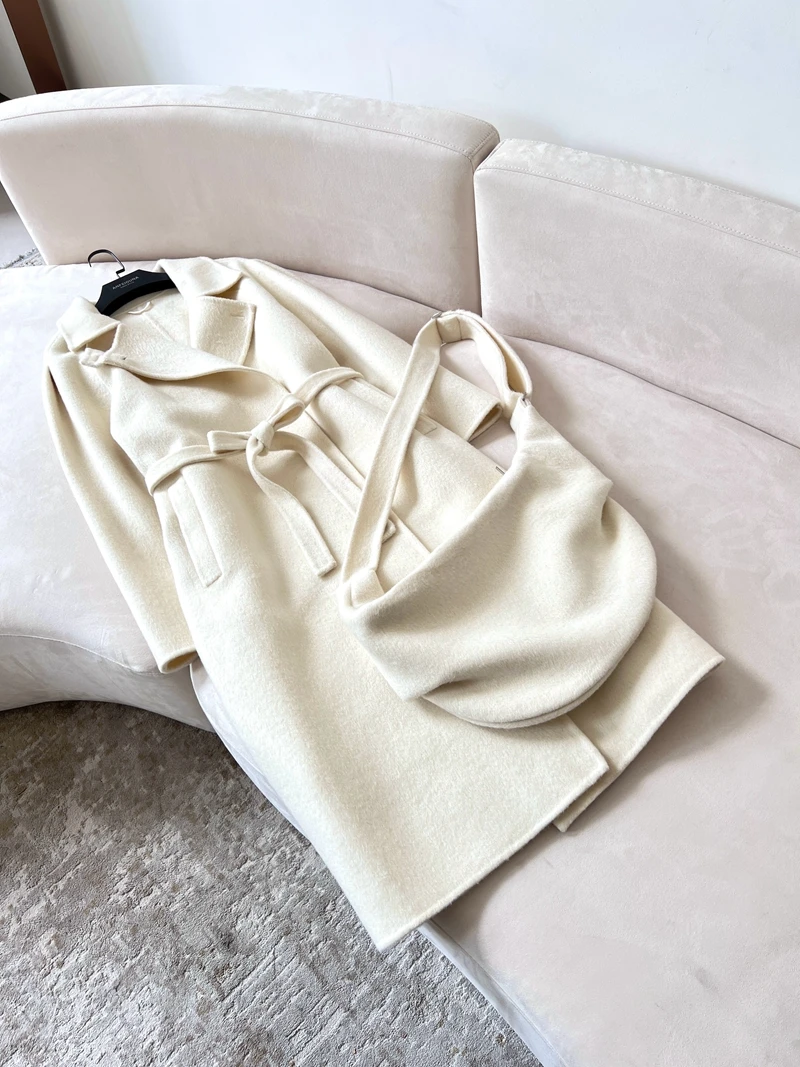 

Double-Faced Woolen Coat White Gentle Dumpling Bag Camere Outerwear Autumn Winter New Arrival Women's Faion Thiened Lon...